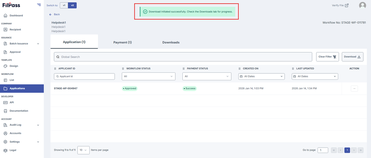 Image of the Workflow Applications page with the Download initiated successfully pop up highlighted in a red box