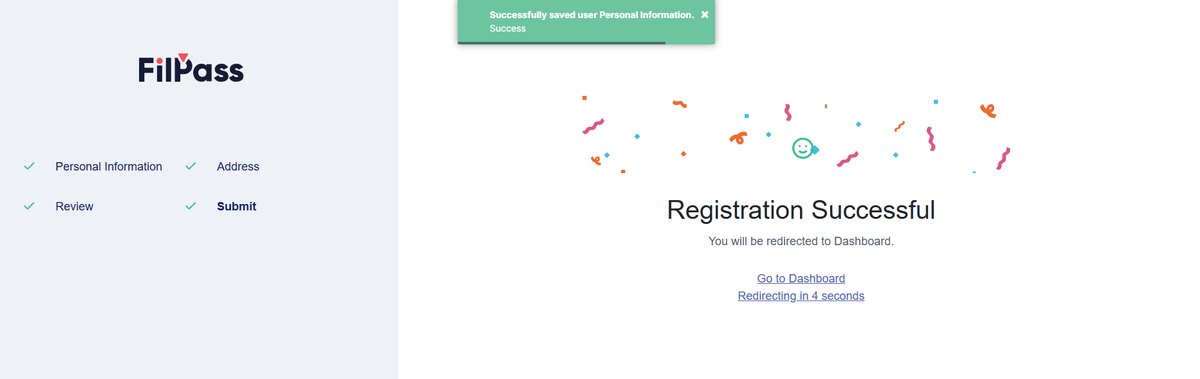 Image of Registration Successful page with the Success pop up message