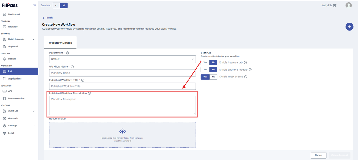 Image of Create Workflow page with the Published Workflow Description field highlighted in a red box