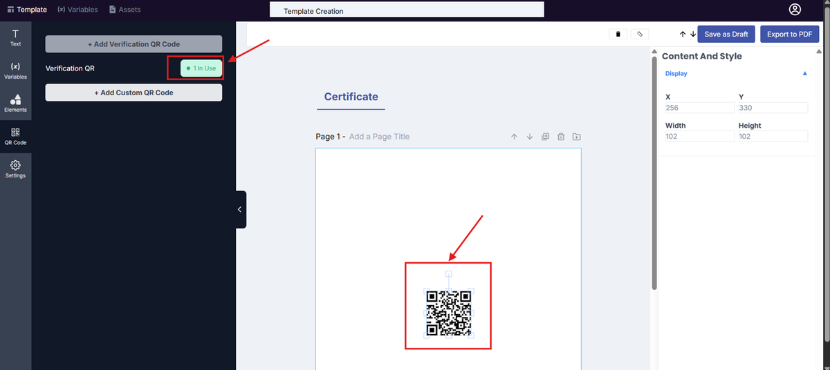 Image of the Template Design page with the 1 in Use and QR code highlighted in a red box