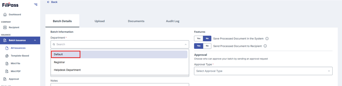 Create Batch page with a red box highlighting the Default option under the Department field.