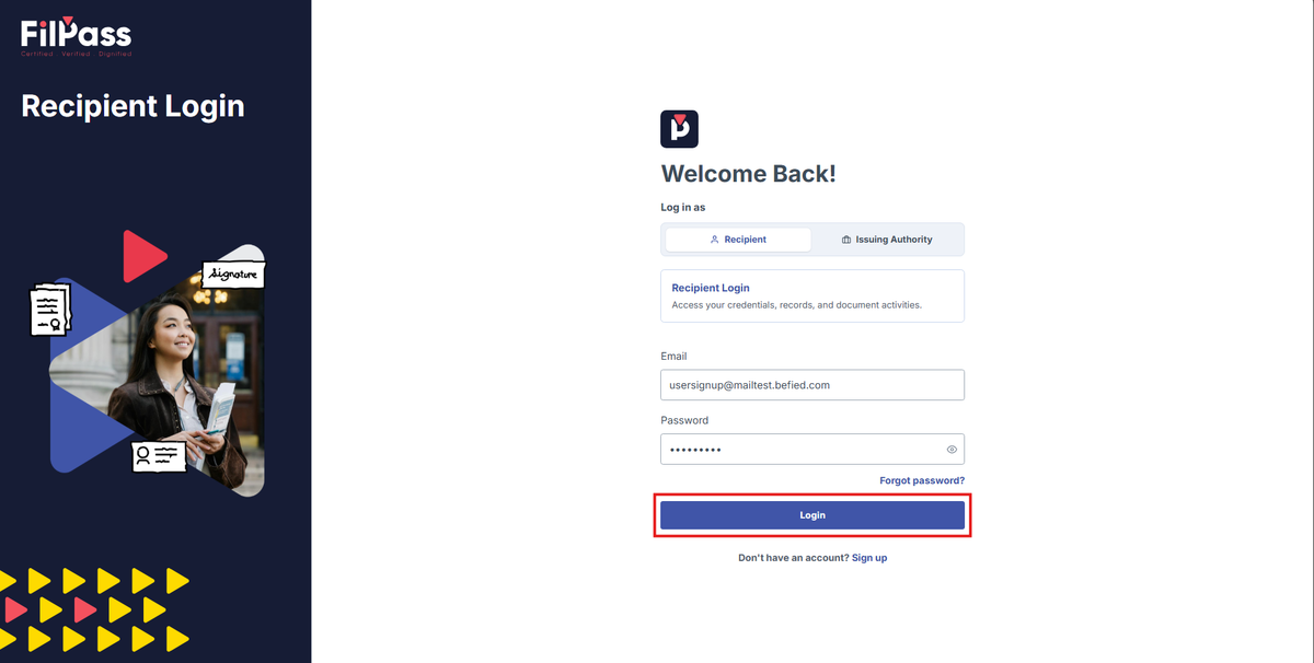 Image of the Recipient Login with the Login button highlighted in a red box