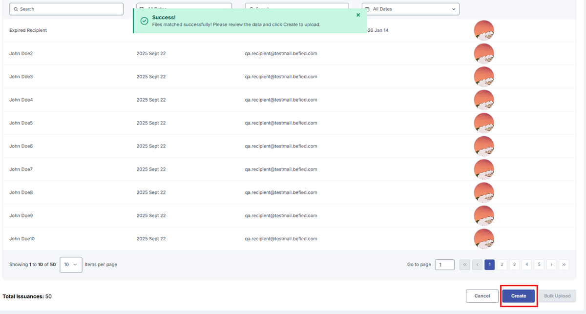 Image of Upload page with Create button highlighted in a red box