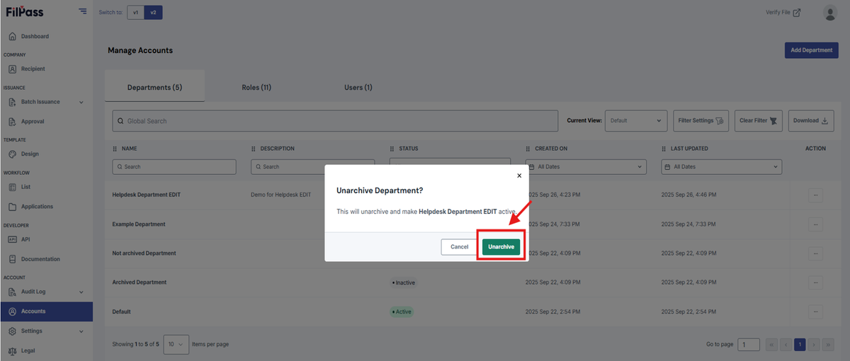 Image of the Unarchive pop-up modal with the Unarchive button being highlighted.