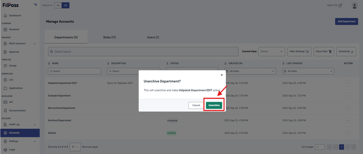 Image of the Unarchive pop-up modal with the Unarchive button being highlighted.