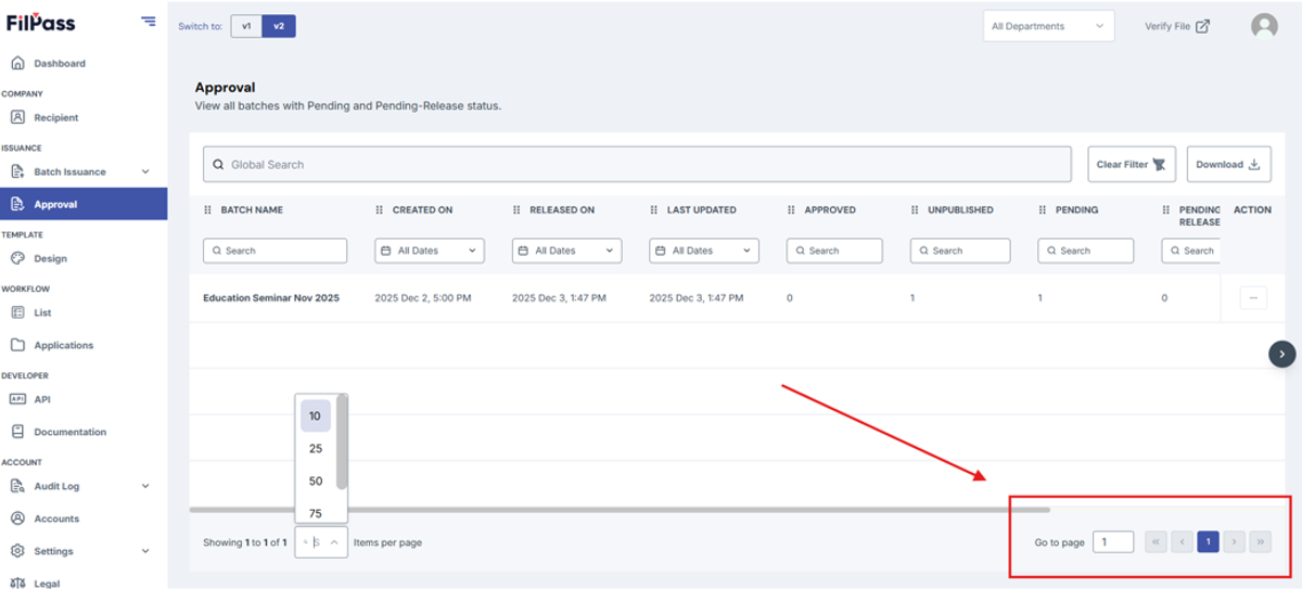 Image of Approval page with the Go to page and navigation arrows and page numbers section highlighted in a red box