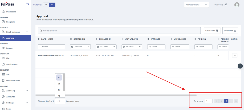 Image of Approval page with the Go to page and navigation arrows and page numbers section highlighted in a red box
