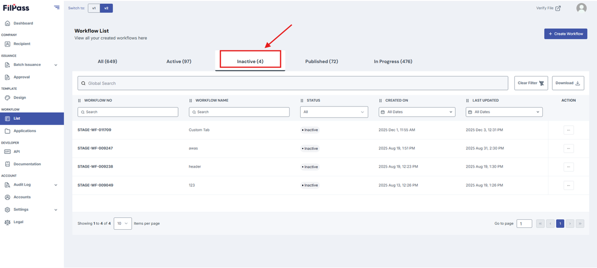 Image of Workflow List page with the Inactive tab highlighted in a red box