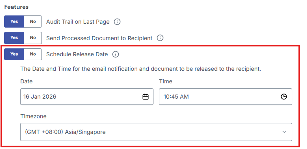 Image of Feature section with "Scheduled Release Date" feature highlighted in a red box 