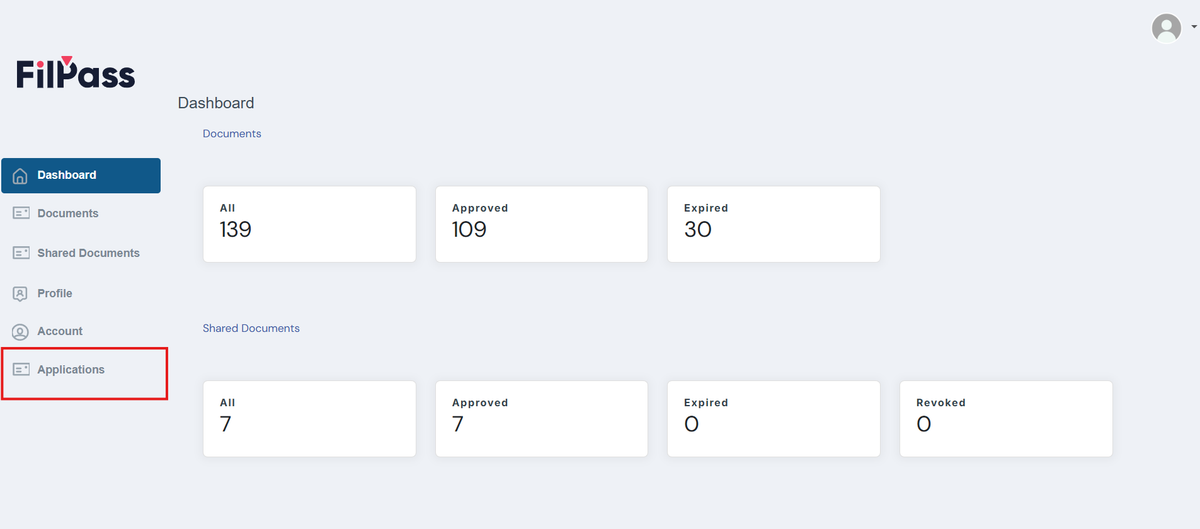 Image of the Dashboard with the Applications button highlighted by a red box