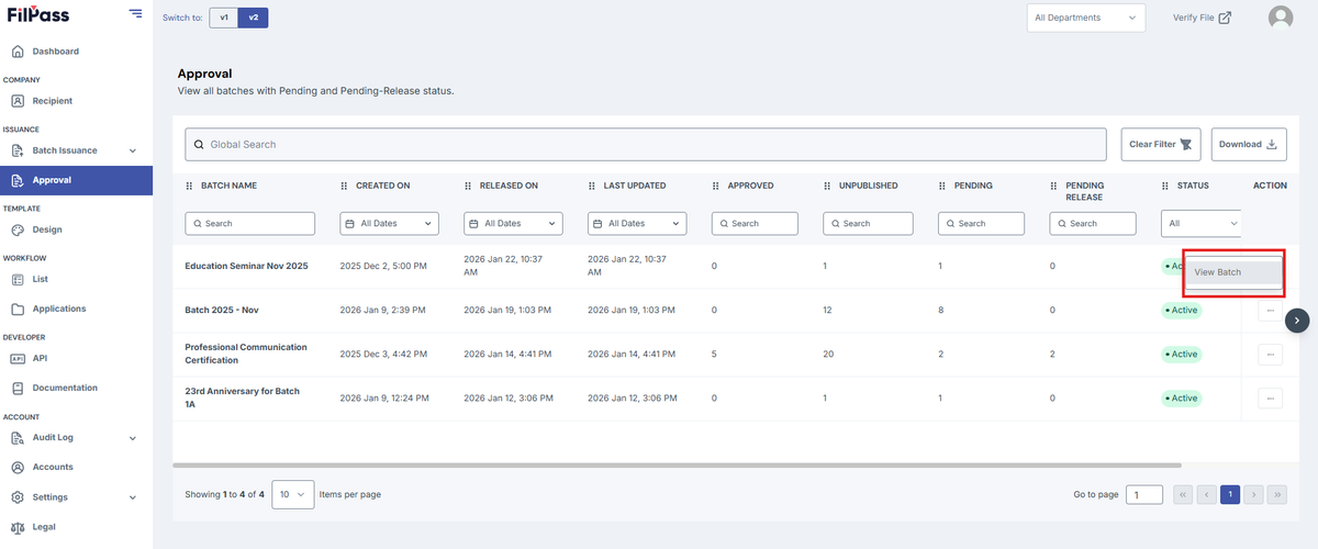 Image of the Approval page with the View batch button highlighted in a red box