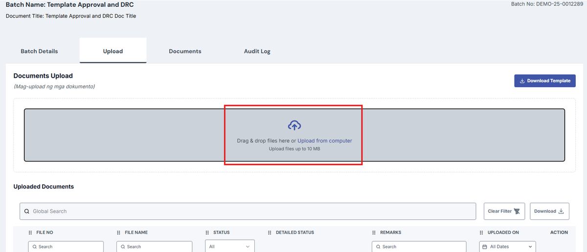 Image of Upload page with "Drag & Drop files here or Upload from computer" section highlighted by a red box