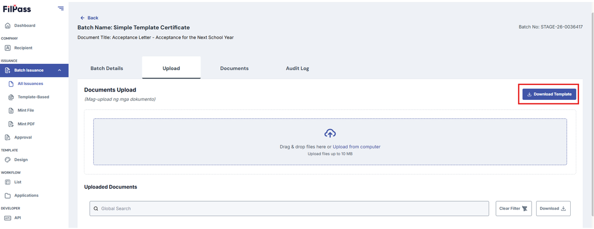 Image of Upload page with Download Template button highlighted in a red box