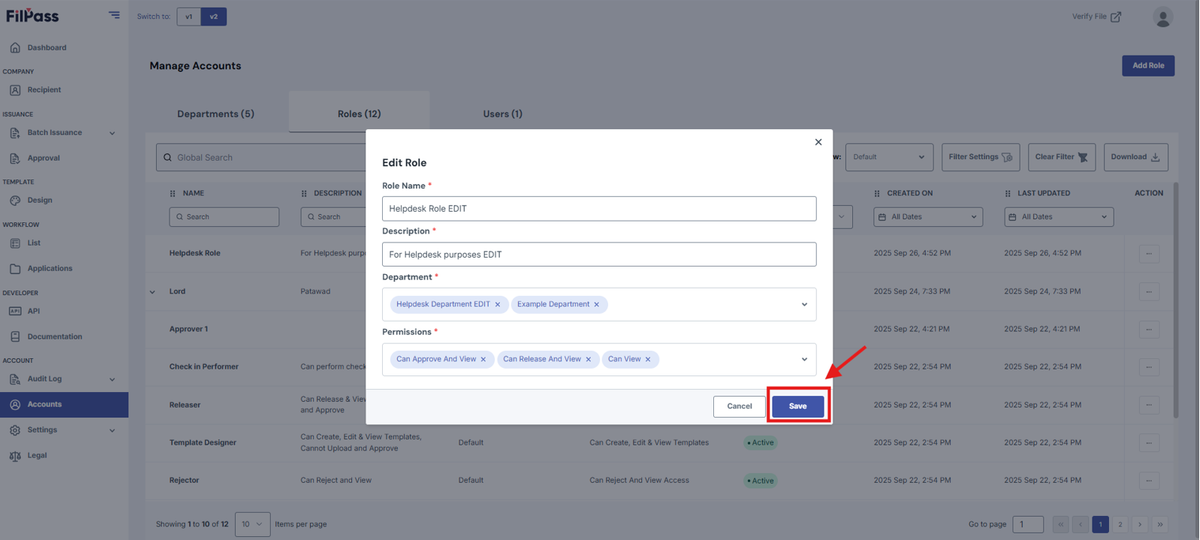 Image of the Edit Role pop-up modal with the Save button being highlighted.
