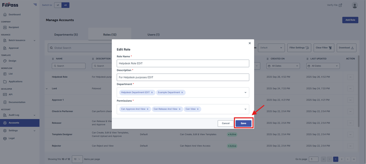 Image of the Edit Role pop-up modal with the Save button being highlighted.
