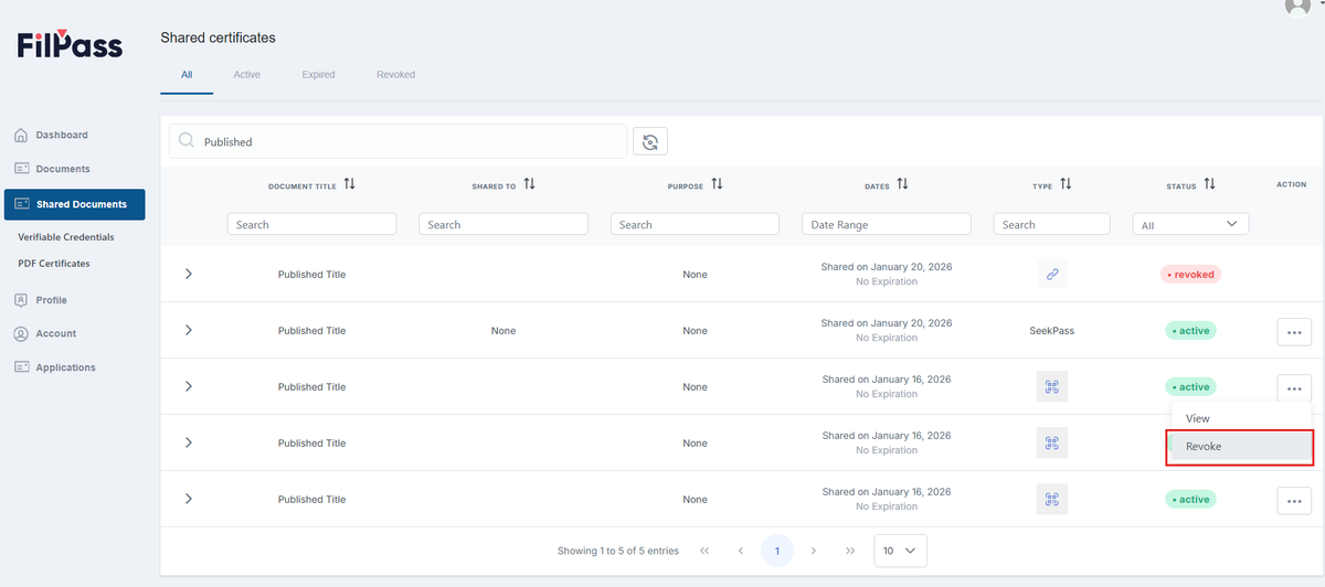 Image of the Shared Documents page with the Revoke button highlighted in a red box