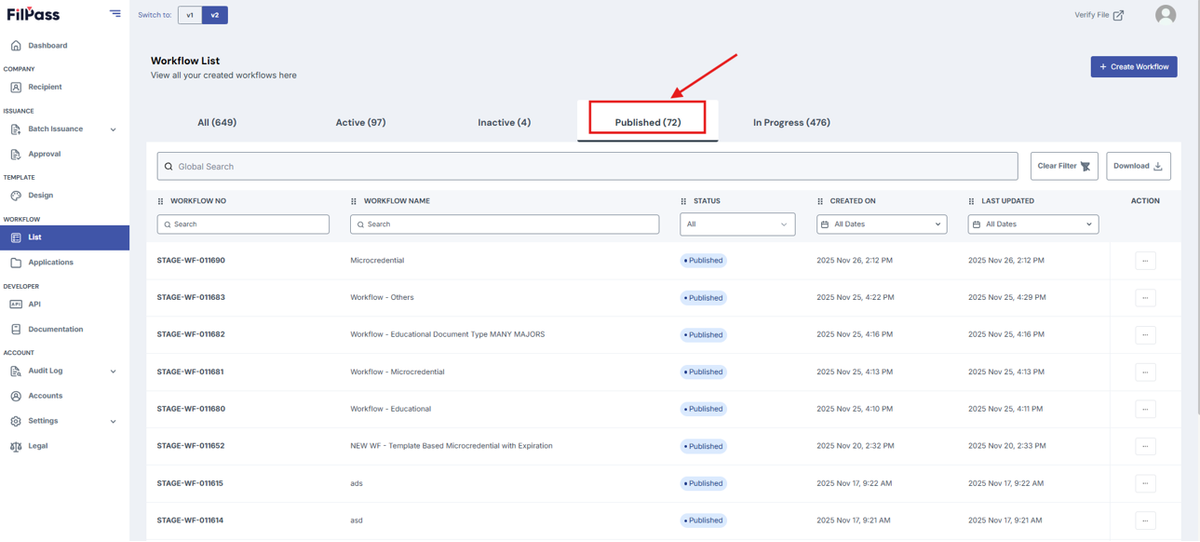 Image of Workflow list page with the Published tab highlighted in a red box