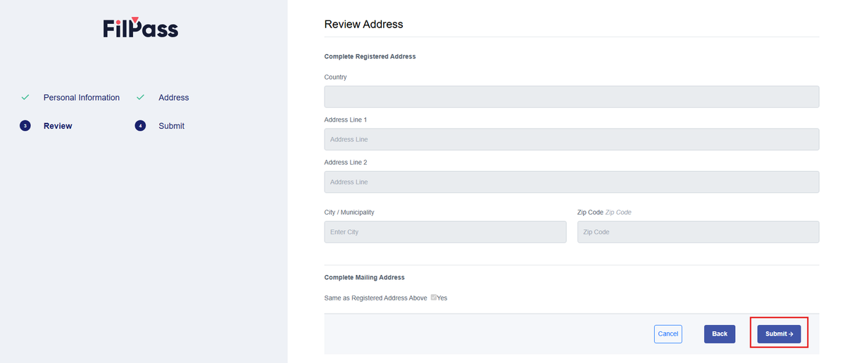Image of the Review page with the Address with the Submit button highlighted in a red box