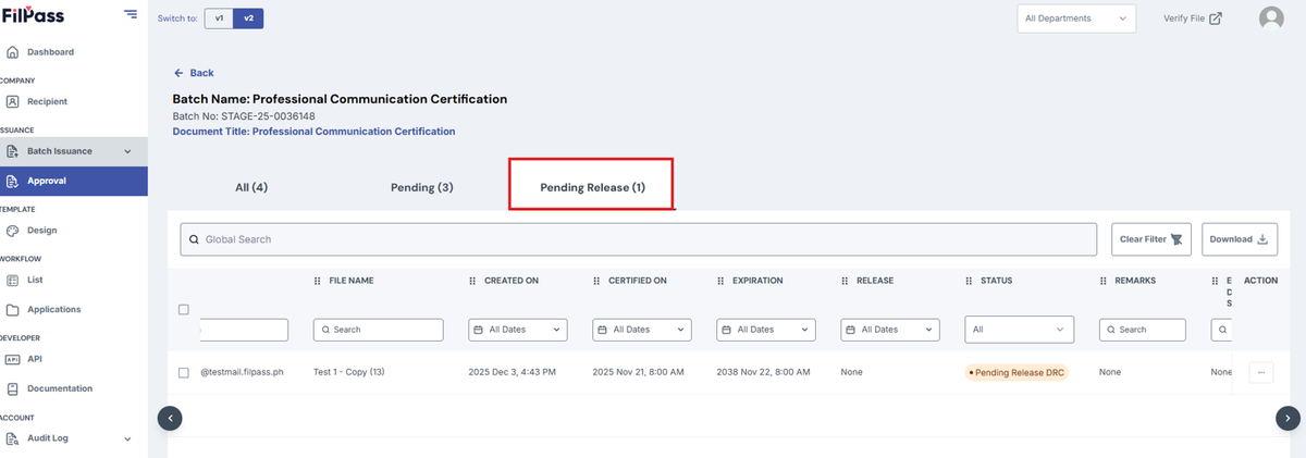 Image of Approve page with the Pending Release tab highlighted with a red box