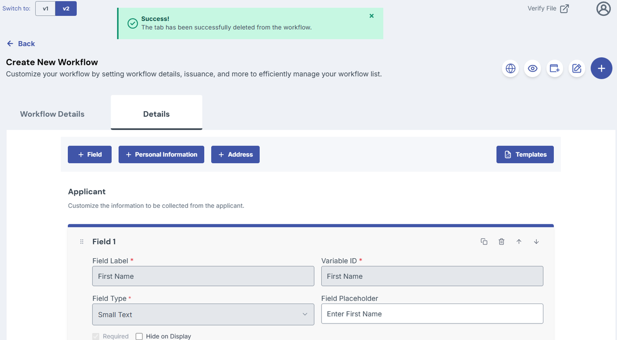 Image of the create workflow page and the popup showing that the tab has been successfully deleted from the workflow
