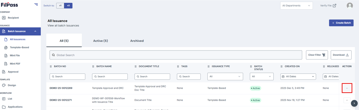 Image of All Issuances page with Action button highlighted in a red box