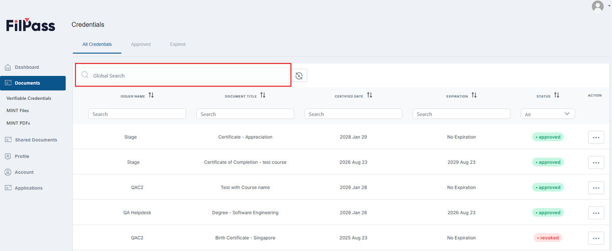 Image of Documents page with the Global Search highlighted in a red box