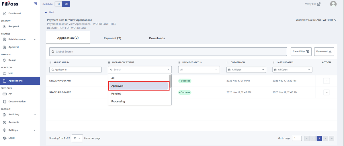 Image of Workflow Applications page with the Approved Workflow Status filter highlighted in a red box