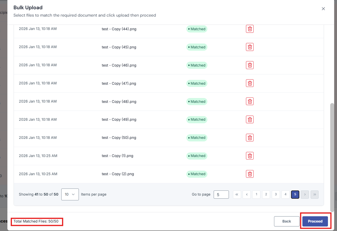 Image of the Bulk Upload modal with Total Matched Files and Proceed button highlighted by a red box