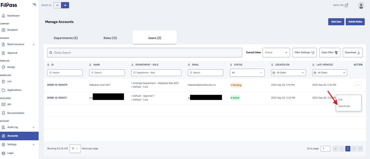 Image of the User tab with the Deactivate button being highlighted.