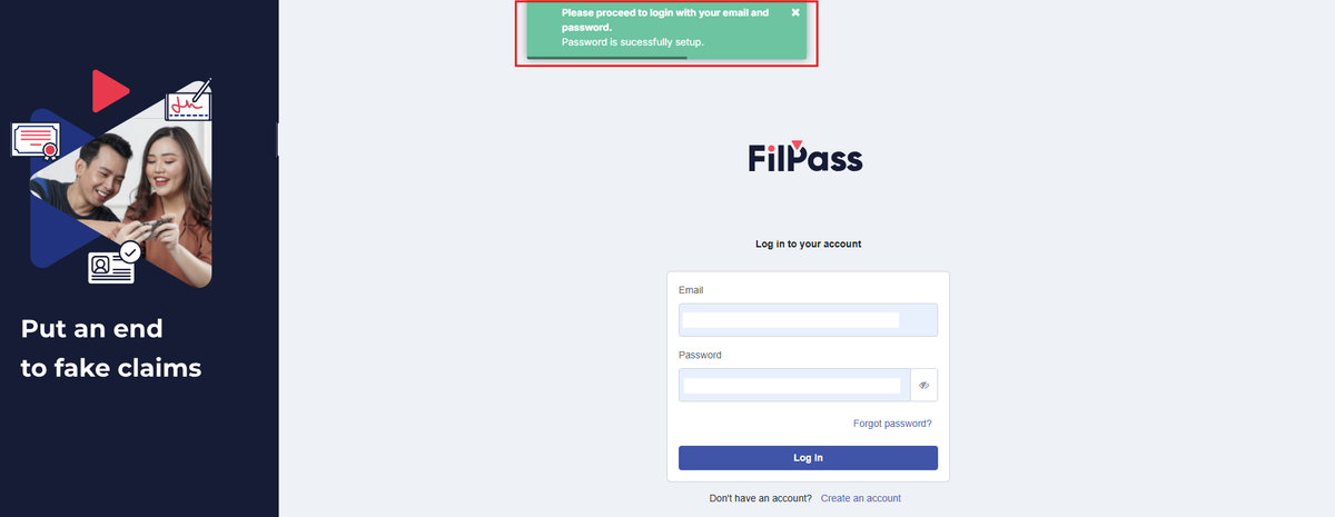 Image of the Login page with the success pop up message for changing the password highlighted in a red box