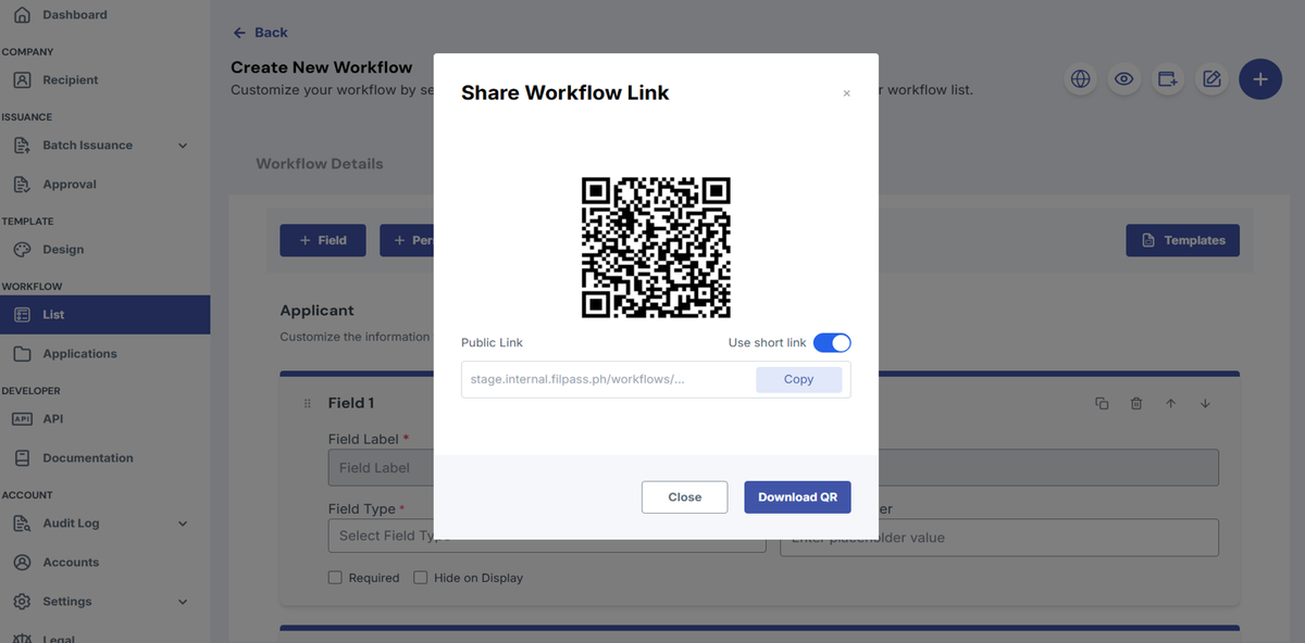 Image of the Custom field tab with the Share Workflow Link modal