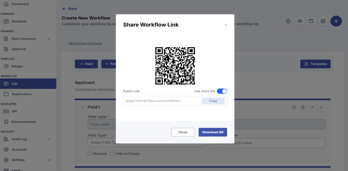 Image of the Custom field tab with the Share Workflow Link modal