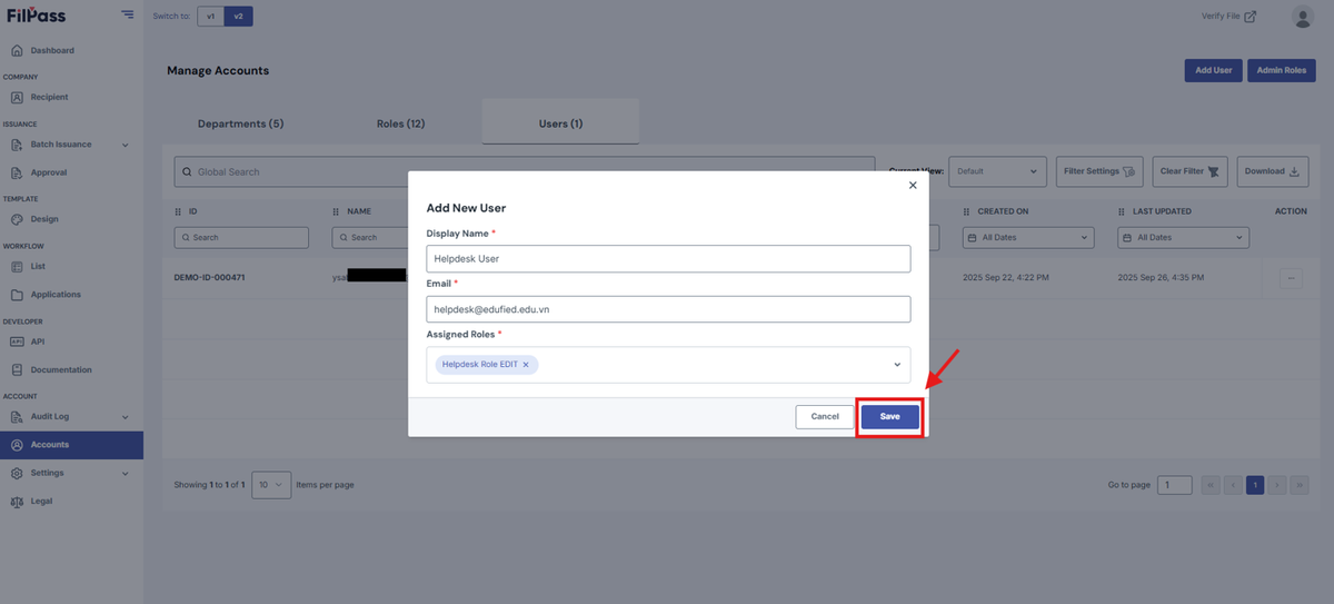 Image of the Add New User pop-up modal with the Save button being highlighted.