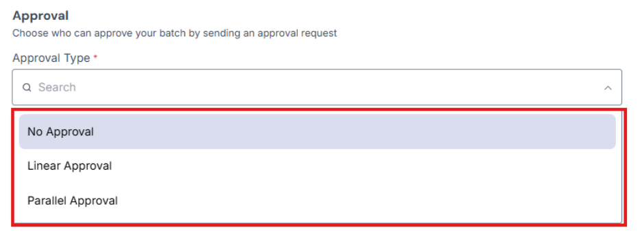 Image of Approval dropdown field and the options being highlighted in a red box