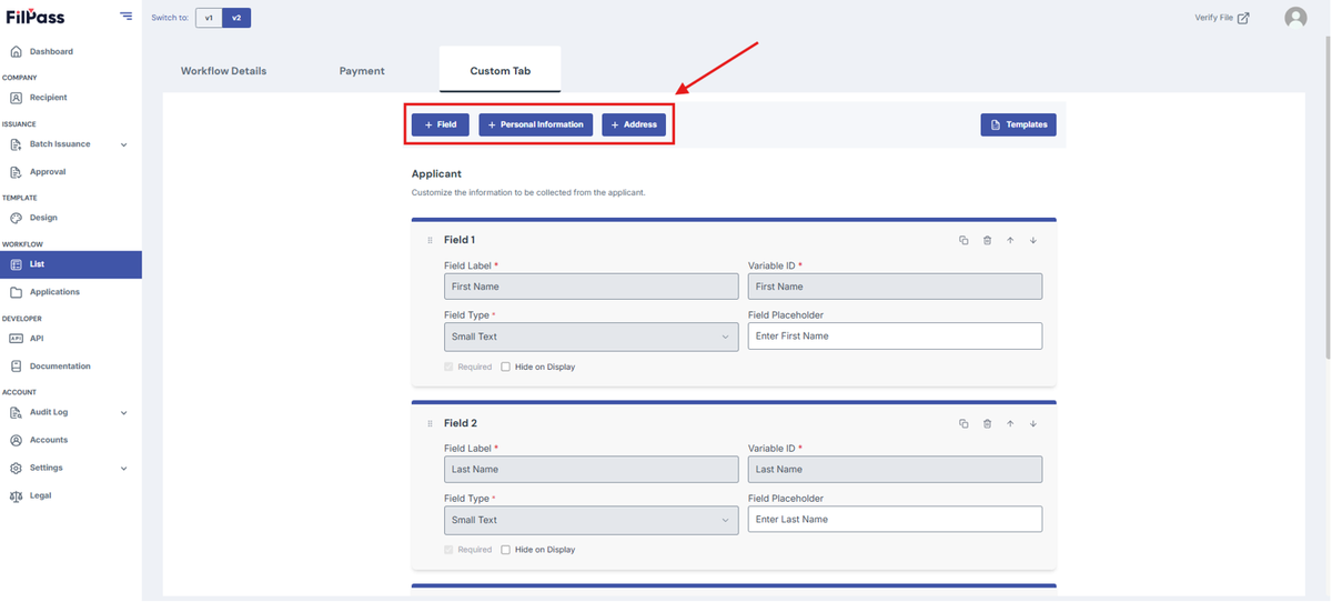 Image of the Custom tab page with the buttons for Field, Personal Information and Address are highlighted in a red box