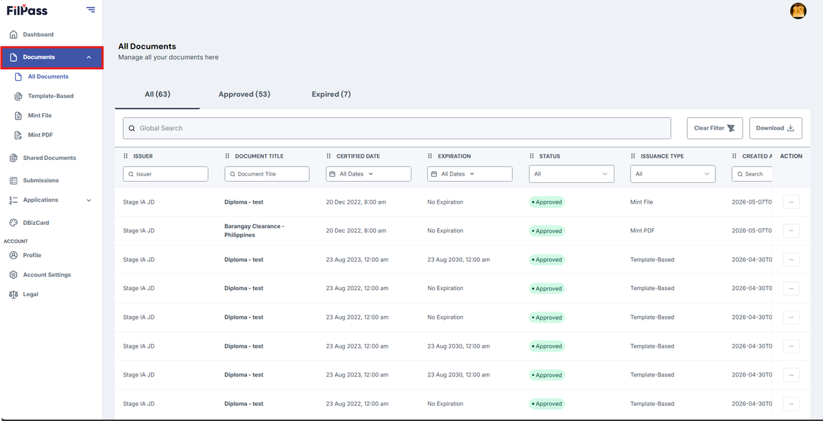 Image of the Dashboard page with the Documents button highlighted in a red box