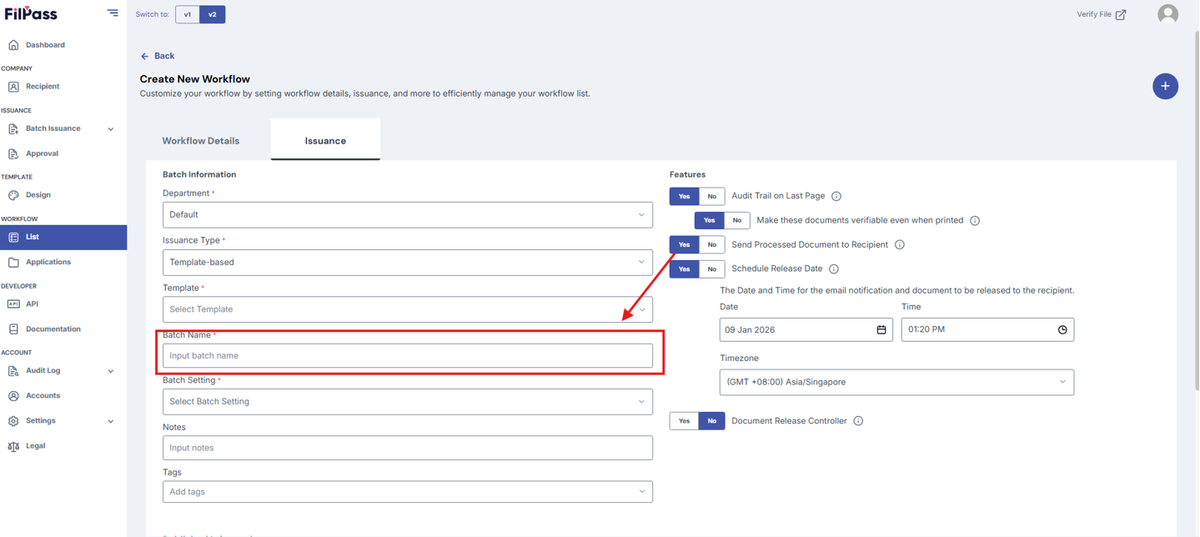 Image of the Issuance Page with the Batch name field highlighted in a red box