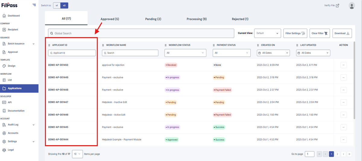 Image of the Workflow Applications page with the Applications column highlighted in a red box