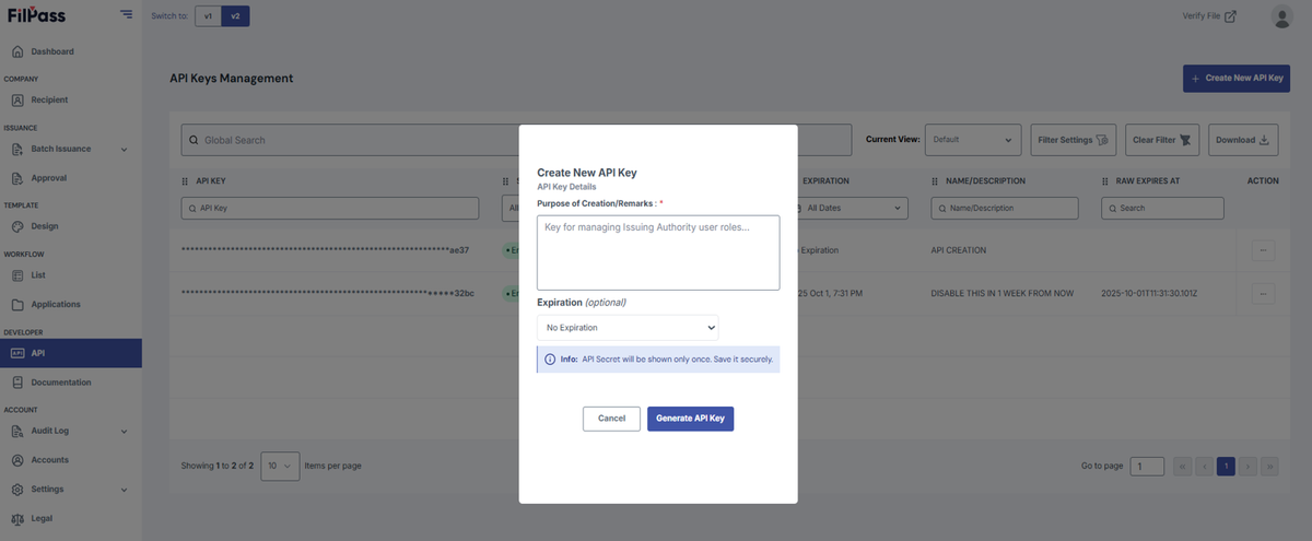 Image of the Create New API modal