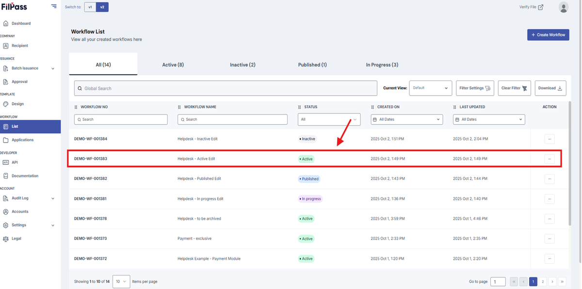 Image of Workflow List page with a row of an Active Workflow highlighted in a red box