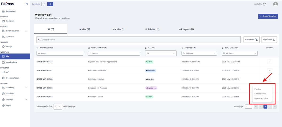 Image of Workflow List page with the Action button options highlighted in a red box