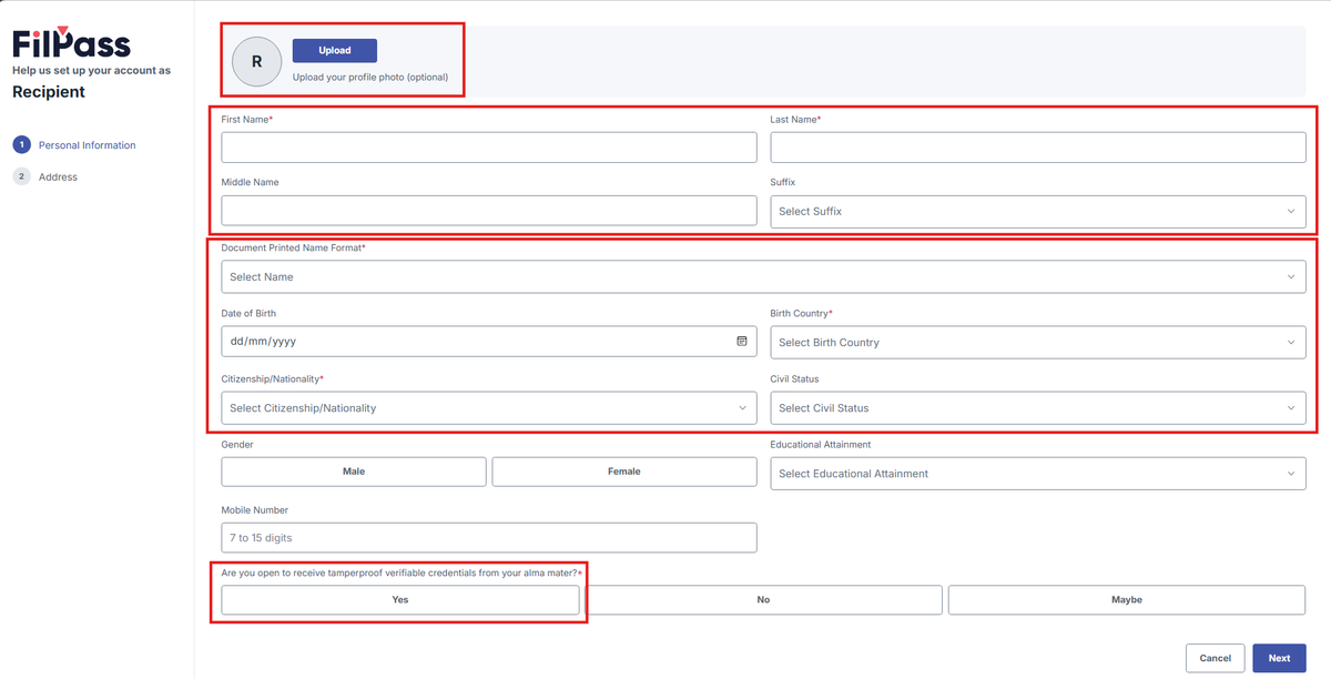 Image of the Personal Information page with the Required fields and the Upload New Picture section highlighted in a red box