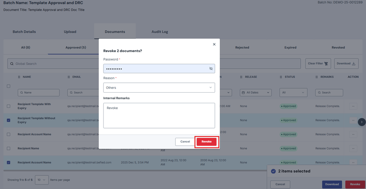 Image of Revoke modal with the Revoke button highlighted on a red box