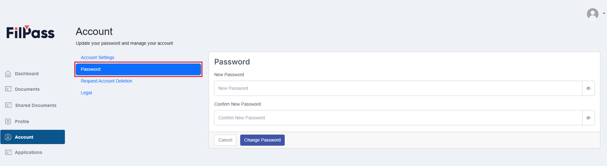 Image of the Account page with the Password button highlighted in a red box