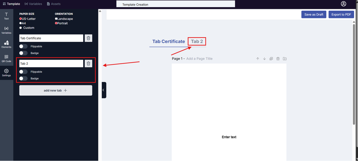 Image of the Template Design page with the Tab 2 and the Tab 2 Settings section highlighted in a red box