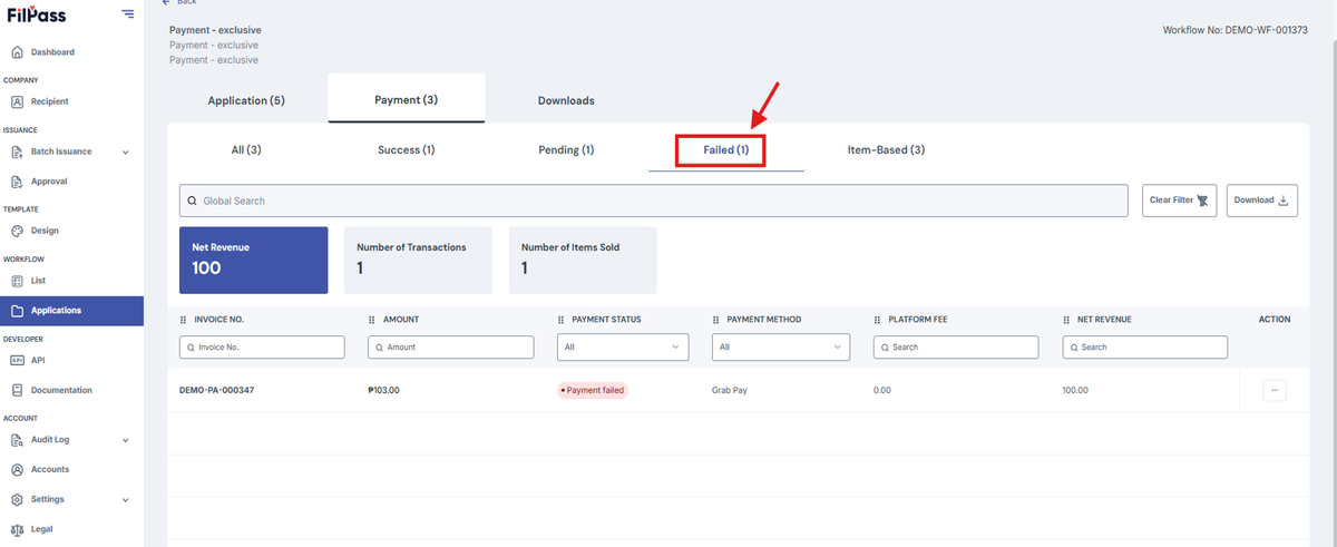 Image of the Payment tab with the Failed tab filter highlighted in a red box