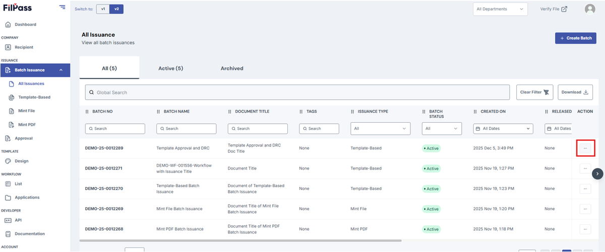 Image of All Issuances page with the Action button 