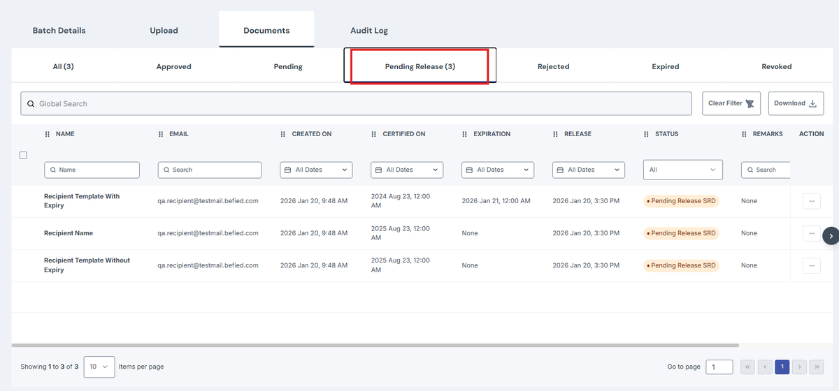 Image of Documents page with the Pending Release Tab highlighted in a red box