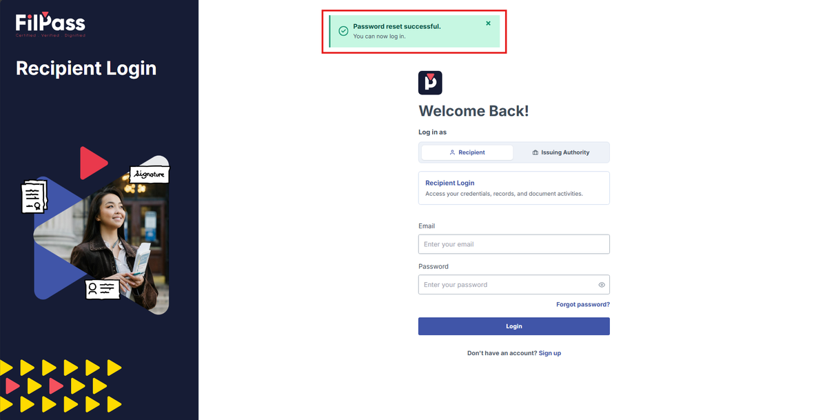 Image of the Login page with the Success pop up message, "Please proceed to login with your email and password." highlighted in a red box