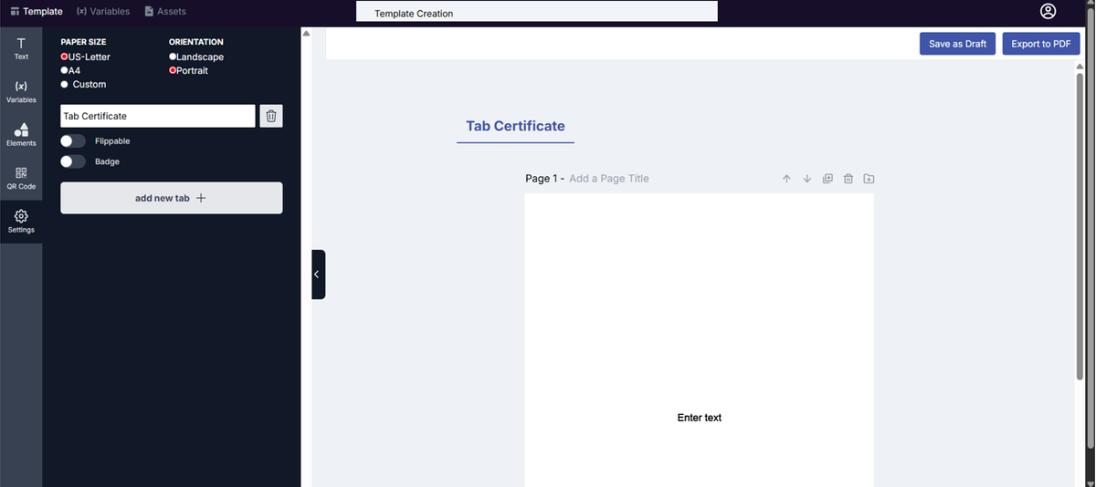 Image of the Template Design page with the tab from the previous screenshot removed